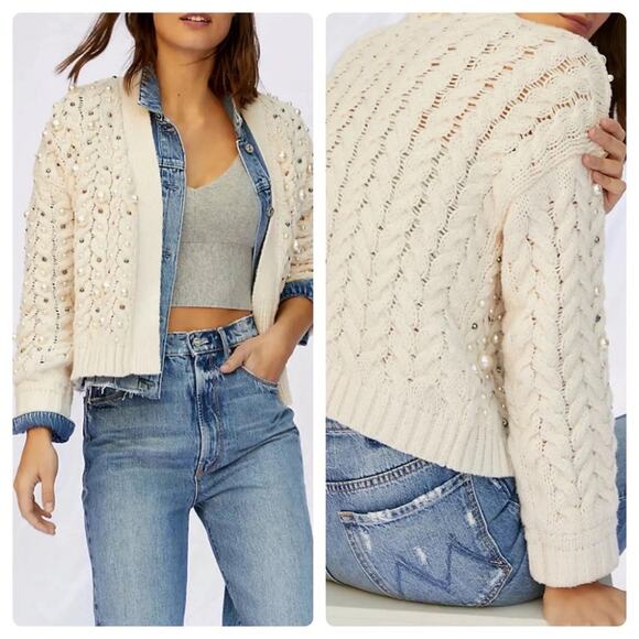 Anthropologie Sweaters - Anthropologie One Size White Pearl Embellished Cable Knit Open Cardigan Sweater